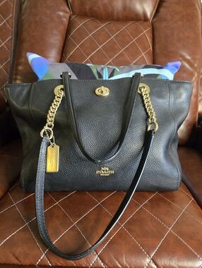 Coach Black Pebbled Leather Shoulder Tote with Gold Chain Straps